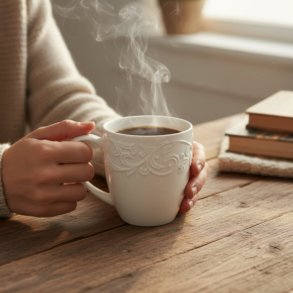 Mug en Céramique Blanche avec Frise Ciselée en Relief