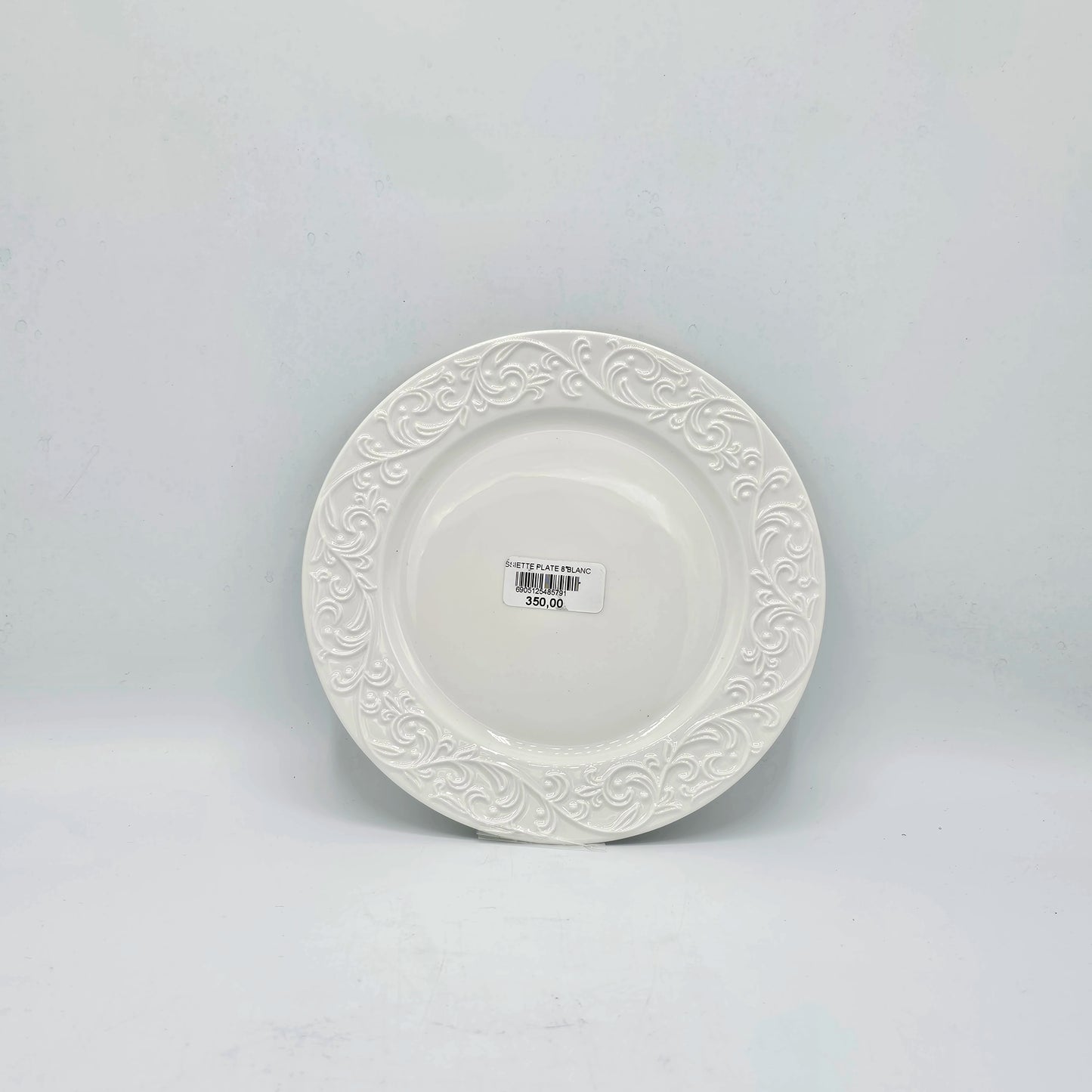 Assiette Plate Blanche en Céramique avec Bordure Arabesques – 8 cm