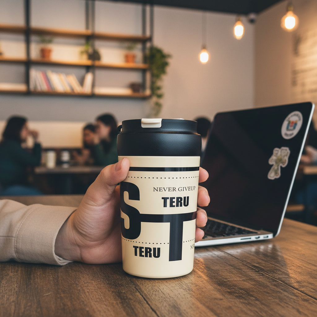 Mug de Voyage Isotherme Inox "Never Give Up" - Design Urbain Beige
