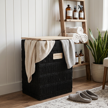 Panier à Linge Design "Home" en Osier Noir – Élégance & Rangement Naturel