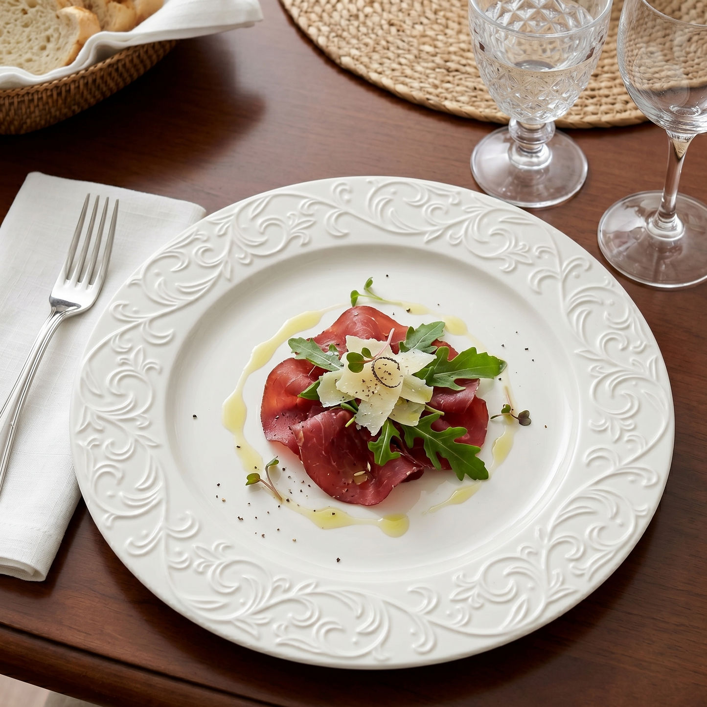 Assiette Plate en Porcelaine Blanche avec Bordure Arabesque Relief (10,5cm)