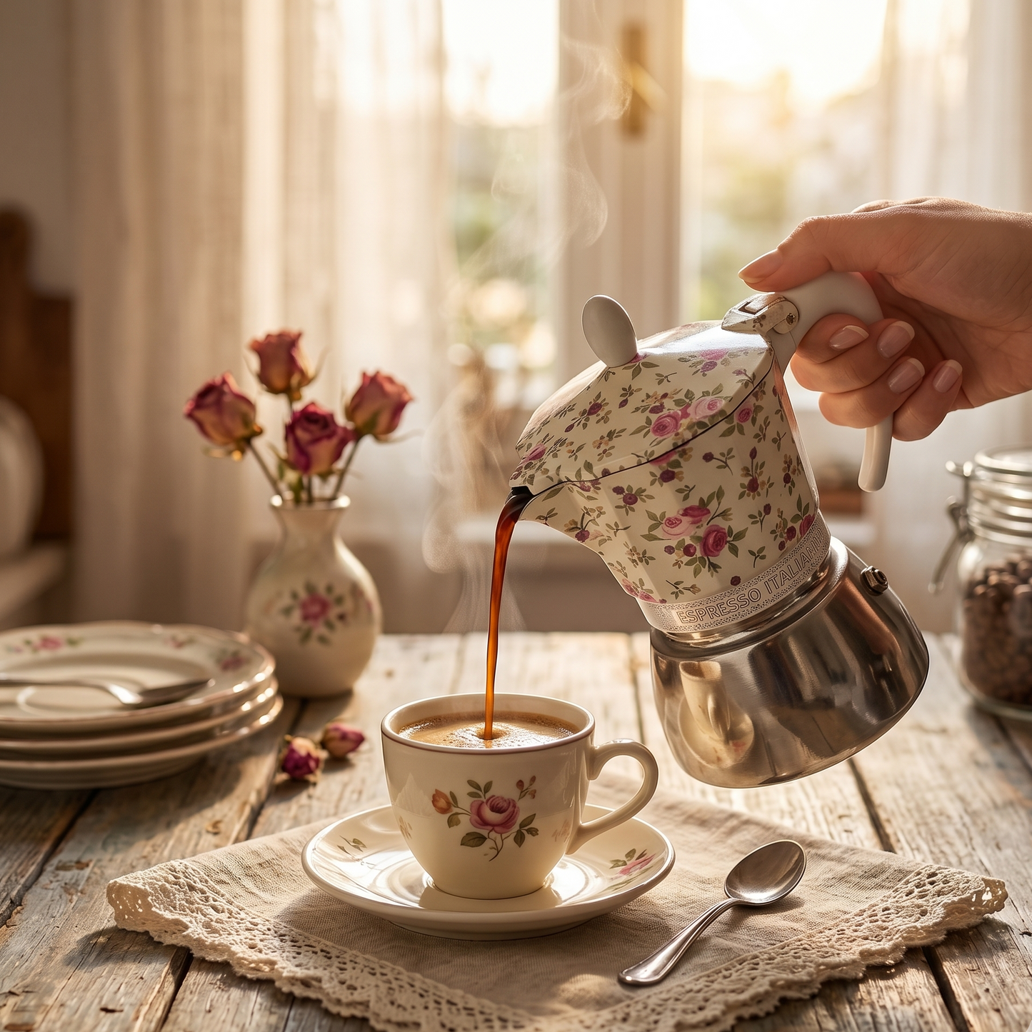 Cafetière Italienne Moka G.A.T. "Espresso Italiano" - Motif Floral Vintage