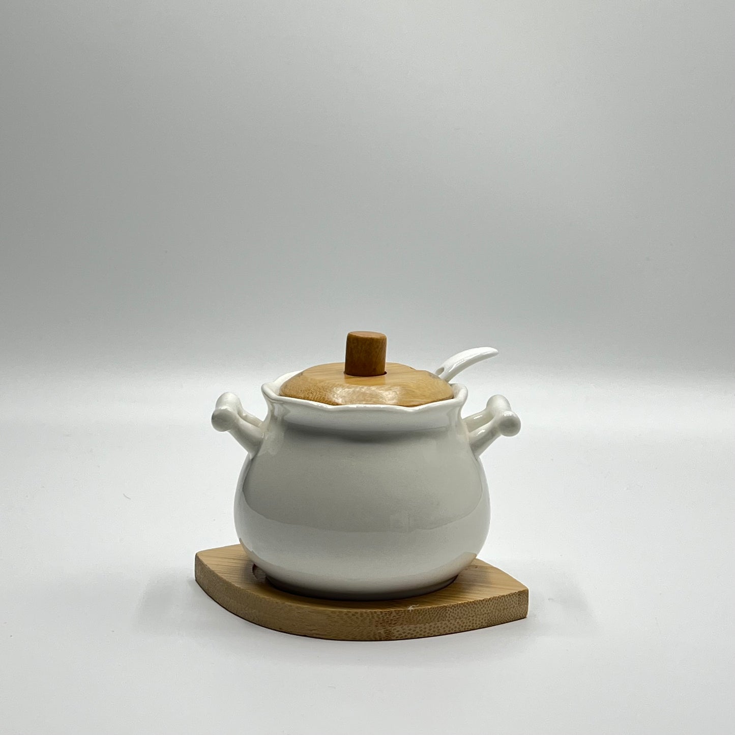 Pot à condiments en céramique avec base en bambou