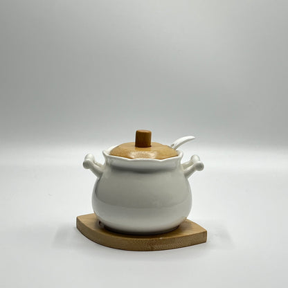 Pot à condiments en céramique avec base en bambou