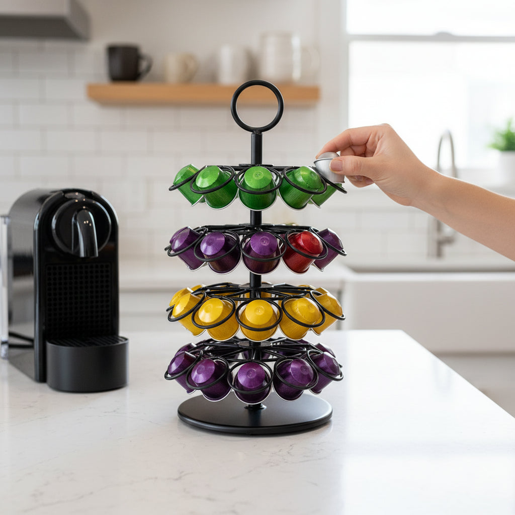 Présentoir Carrousel Rotatif pour 40 Capsules de Café - Métal Noir Élégant