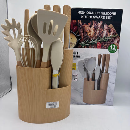 Set d'Ustensiles de Cuisine Premium en Silicone et Bois - 13 Pièces