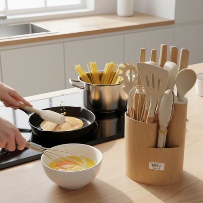 Set d'Ustensiles de Cuisine Premium en Silicone et Bois - 13 Pièces