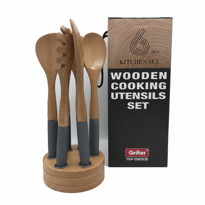 Set de 6 Ustensiles de Cuisine en Bois Premium avec Support – Gvilon
