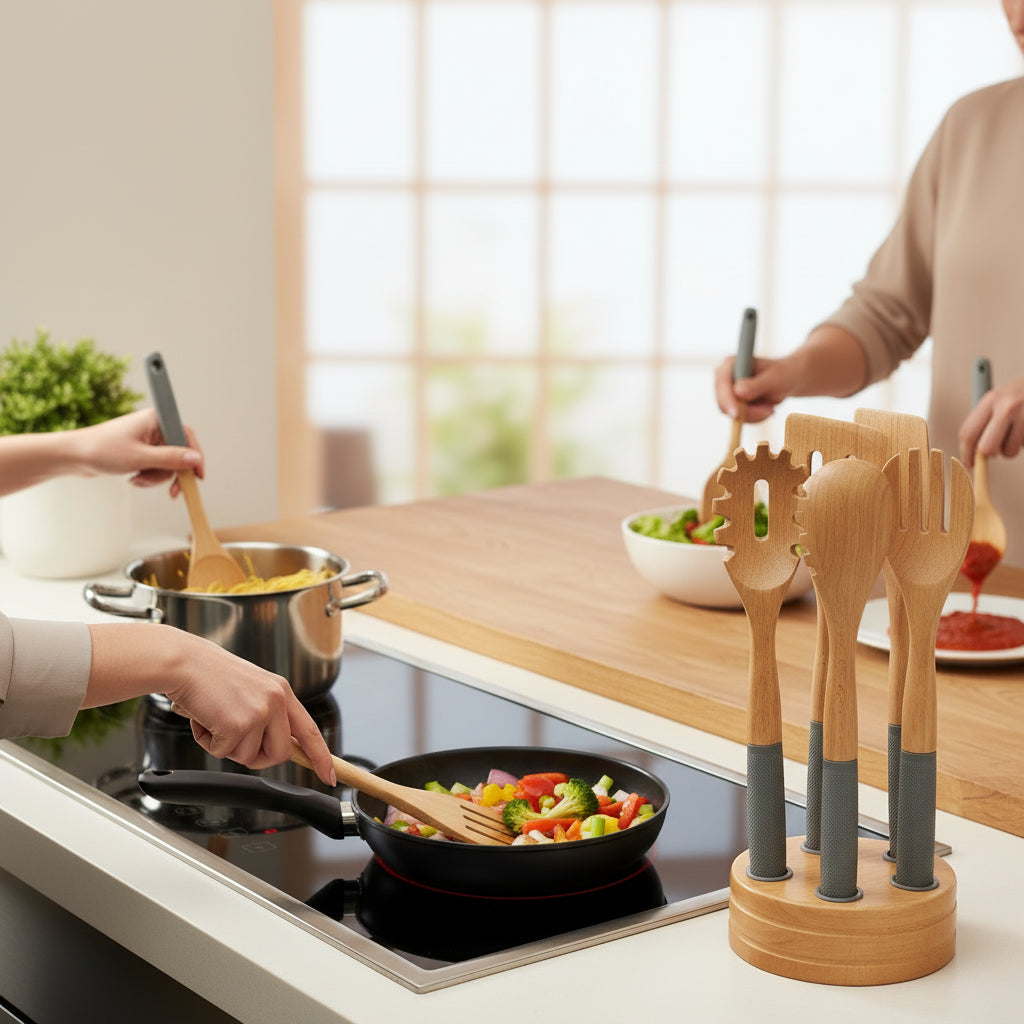 Set de 6 Ustensiles de Cuisine en Bois Premium avec Support – Gvilon