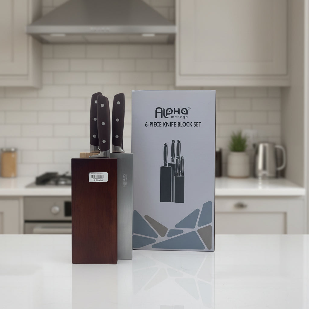 Bloc de 6 Couteaux de Cuisine Premium – Design Bicolore Bois et Acier | Alpha Ménage