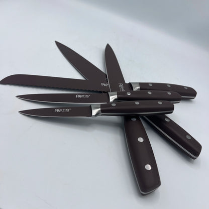 Bloc de 6 Couteaux de Cuisine Premium – Design Bicolore Bois et Acier | Alpha Ménage