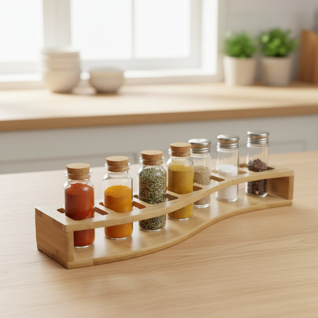 Support à Épices et Salière en Bambou Naturel – 6 Compartiments Design