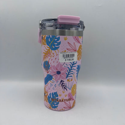 Tasse de Voyage Isotherme Premium – Motif Floral avec Anse Rétractable