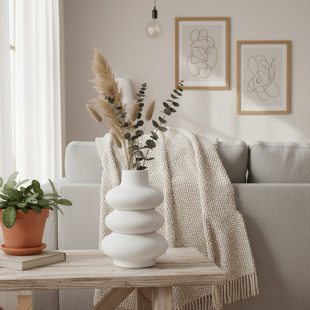 Vase Sculptural Superposé Blanc Texturé – Effet Pierre