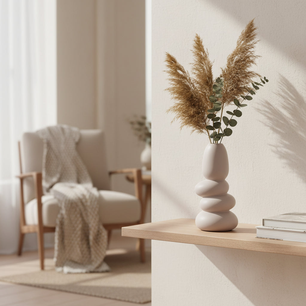Vase Sculptural Design Galets Empilés – Céramique Mate Nude