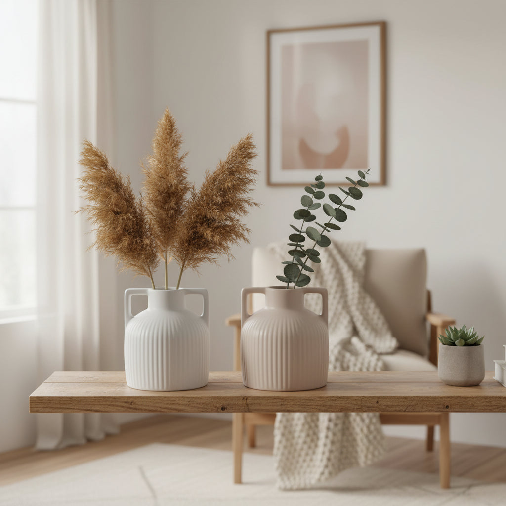 Vase Amphore en Céramique Striée – Design Rustique Chic