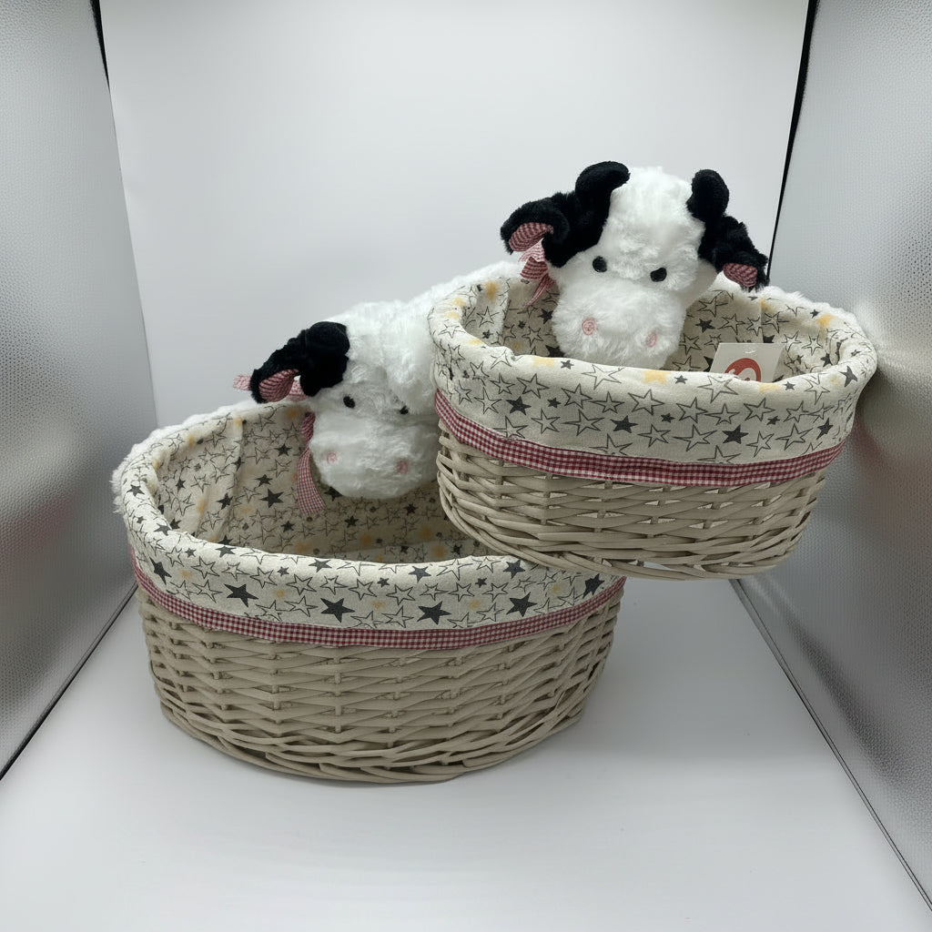 Corbeille de Rangement Osier & Peluche Vache – Déco Chambre Bébé