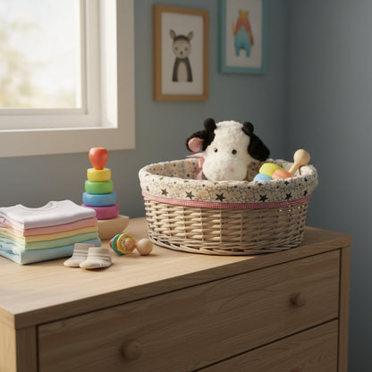 Corbeille de Rangement Osier & Peluche Vache – Déco Chambre Bébé