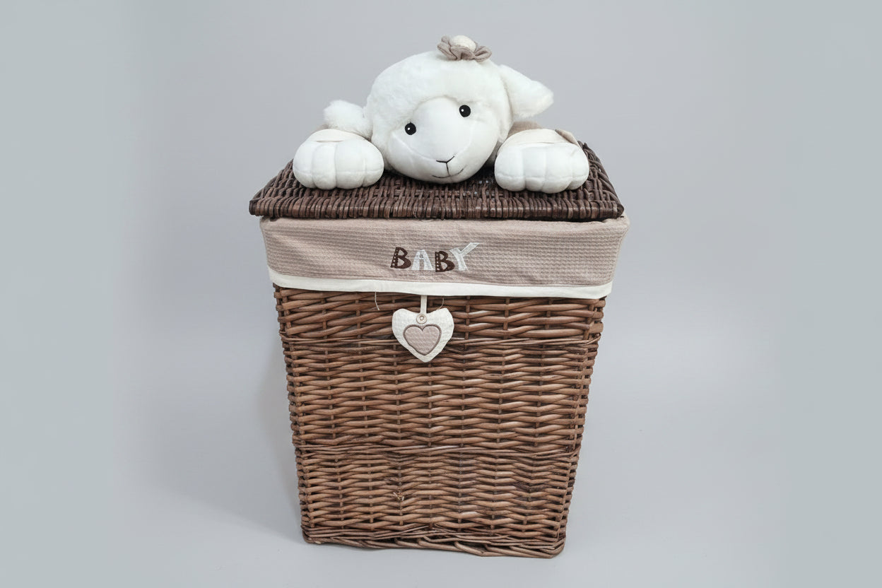 Panier de Rangement Bébé en Osier & Peluche Mouton