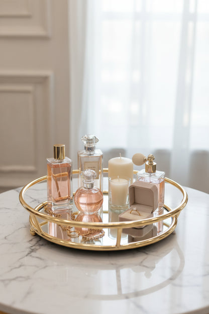 Plateau Décoratif Rond Miroir & Métal Doré