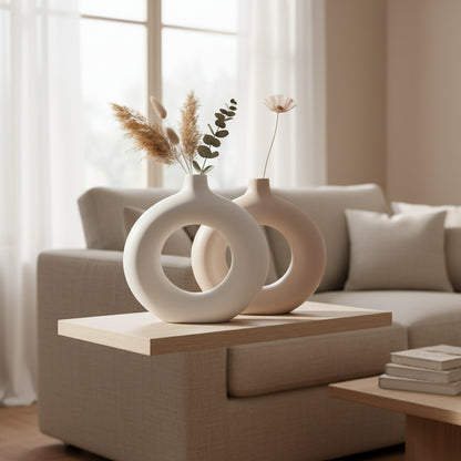 Vase Sculptural Donut à Col Court – Céramique Mate Minimaliste