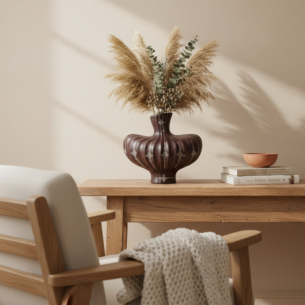 Vase Soufflé Berbère en Terre Cuite Gravée – Design Organique et Élégant