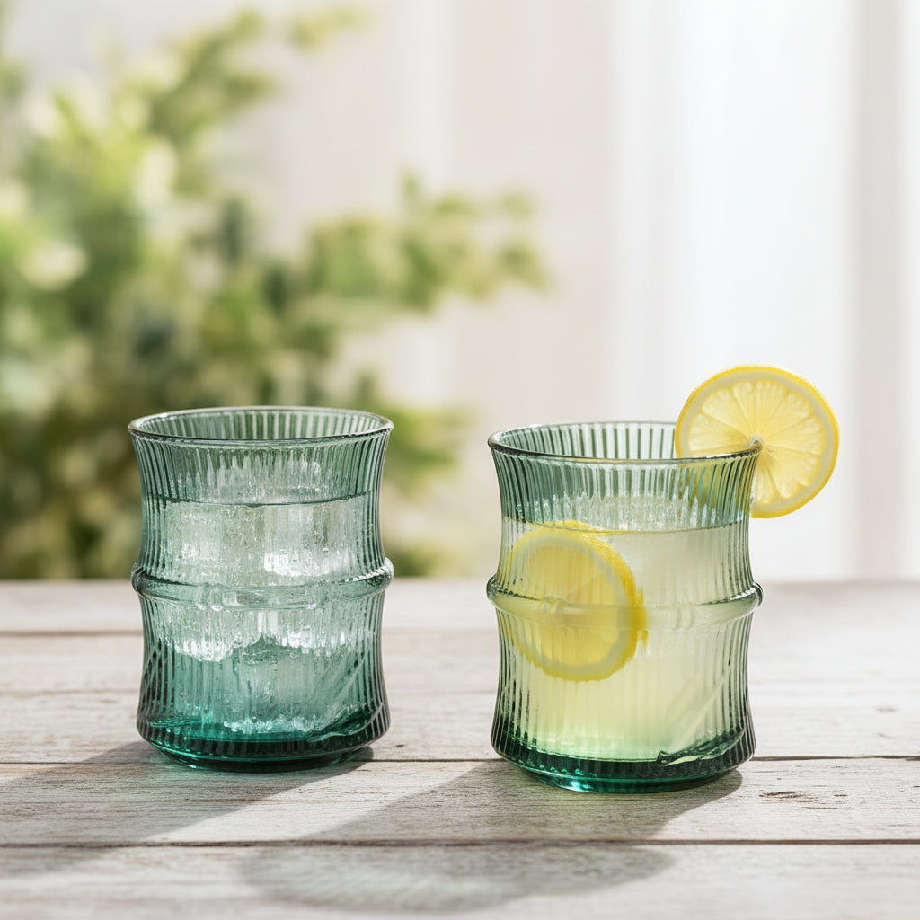 Set de 4 Gobelets en Verre Canelé Vert Style Bambou – Design Élégant