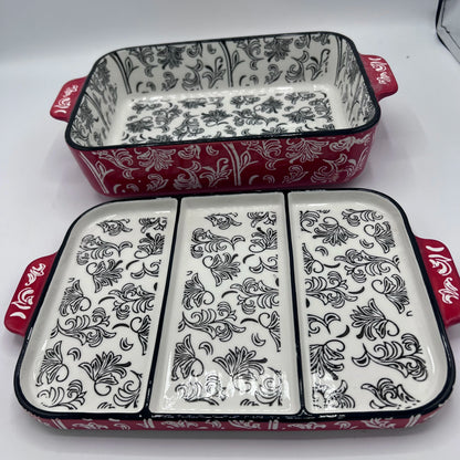 Plat à Gratin Rectangulaire avec Couvercle Compartimenté en Céramique Rouge et Motifs Floraux