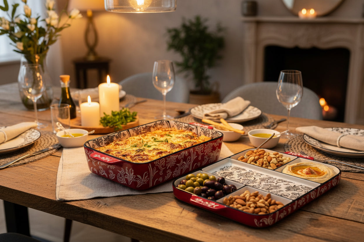 Plat à Gratin Rectangulaire avec Couvercle Compartimenté en Céramique Rouge et Motifs Floraux