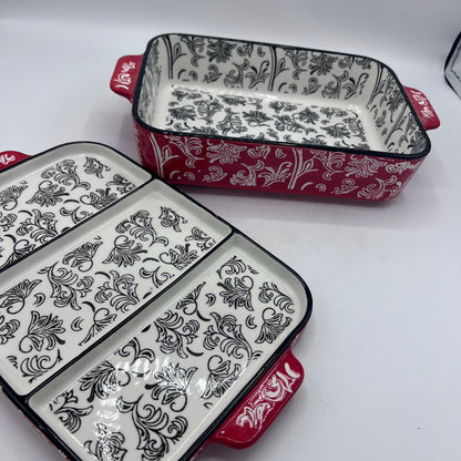 Plat à Gratin Rectangulaire en Céramique Rouge et Blanc à Motifs Floraux avec Couvercle Compartimenté