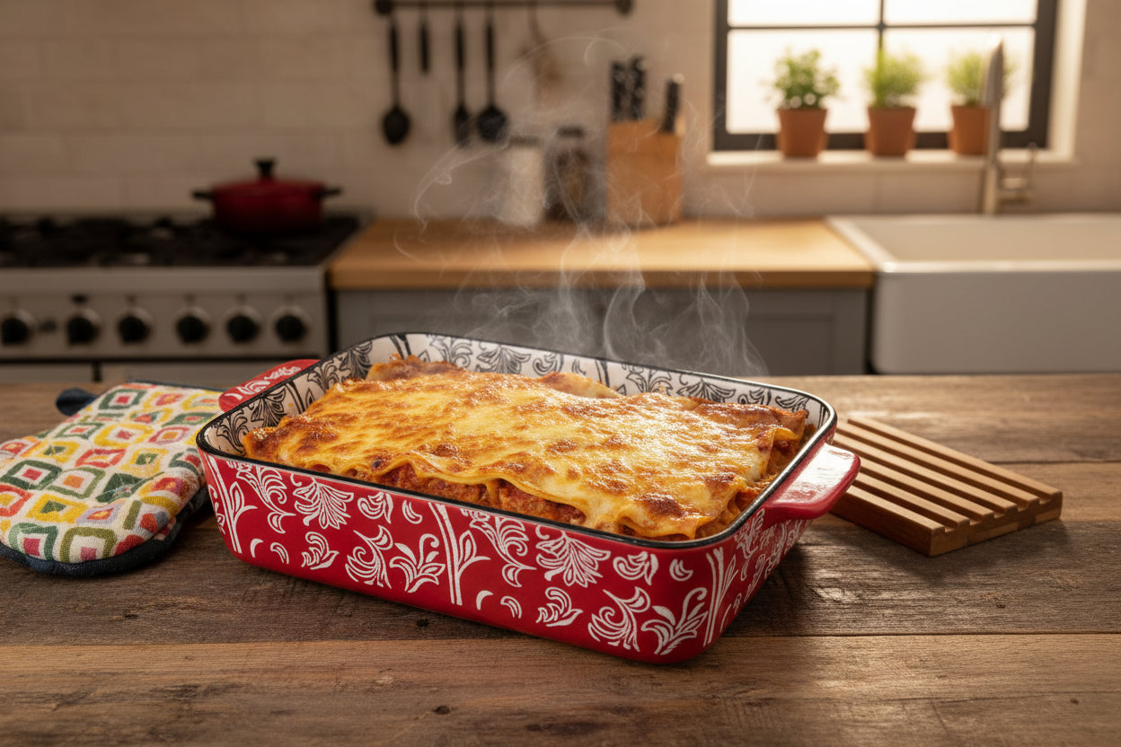 Plat à Gratin Rectangulaire en Céramique Rouge et Blanc à Motifs Floraux avec Couvercle Compartimenté