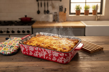 Plat à Gratin Rectangulaire en Céramique Rouge et Blanc à Motifs Floraux avec Couvercle Compartimenté
