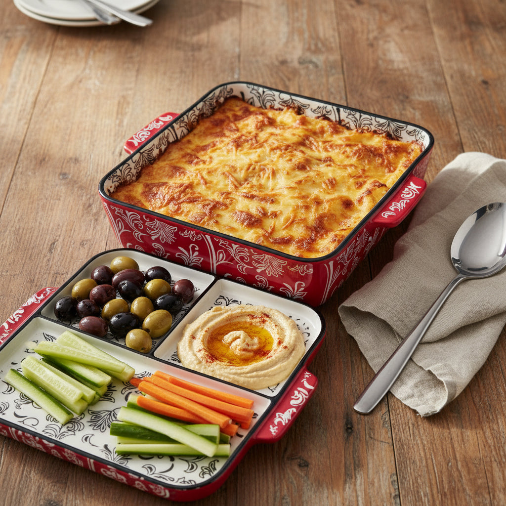Plat à Gratin Carré en Céramique Rouge et Blanc à Motifs Floraux avec Couvercle Compartimenté