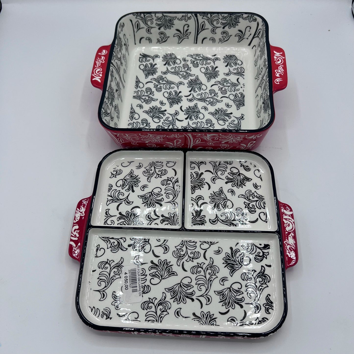 Plat à Gratin Carré en Céramique Rouge et Blanc à Motifs Floraux avec Couvercle Compartimenté