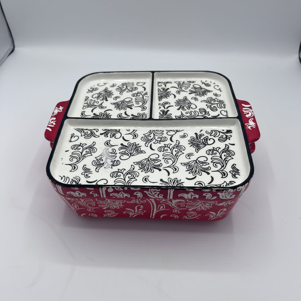 Plat à Gratin Carré en Céramique Rouge et Blanc à Motifs Floraux avec Couvercle Compartimenté