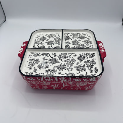 Plat à Gratin Carré en Céramique Rouge et Blanc à Motifs Floraux avec Couvercle Compartimenté