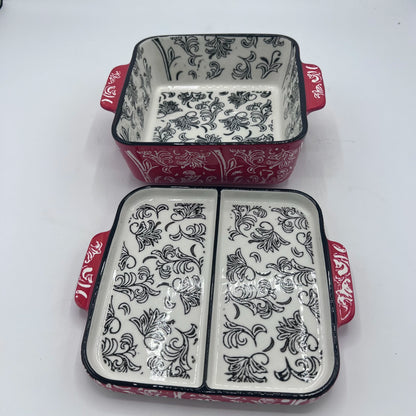 Petit Plat à Gratin Carré en Céramique Rouge et Blanc à Motifs Floraux avec Couvercle Compartimenté