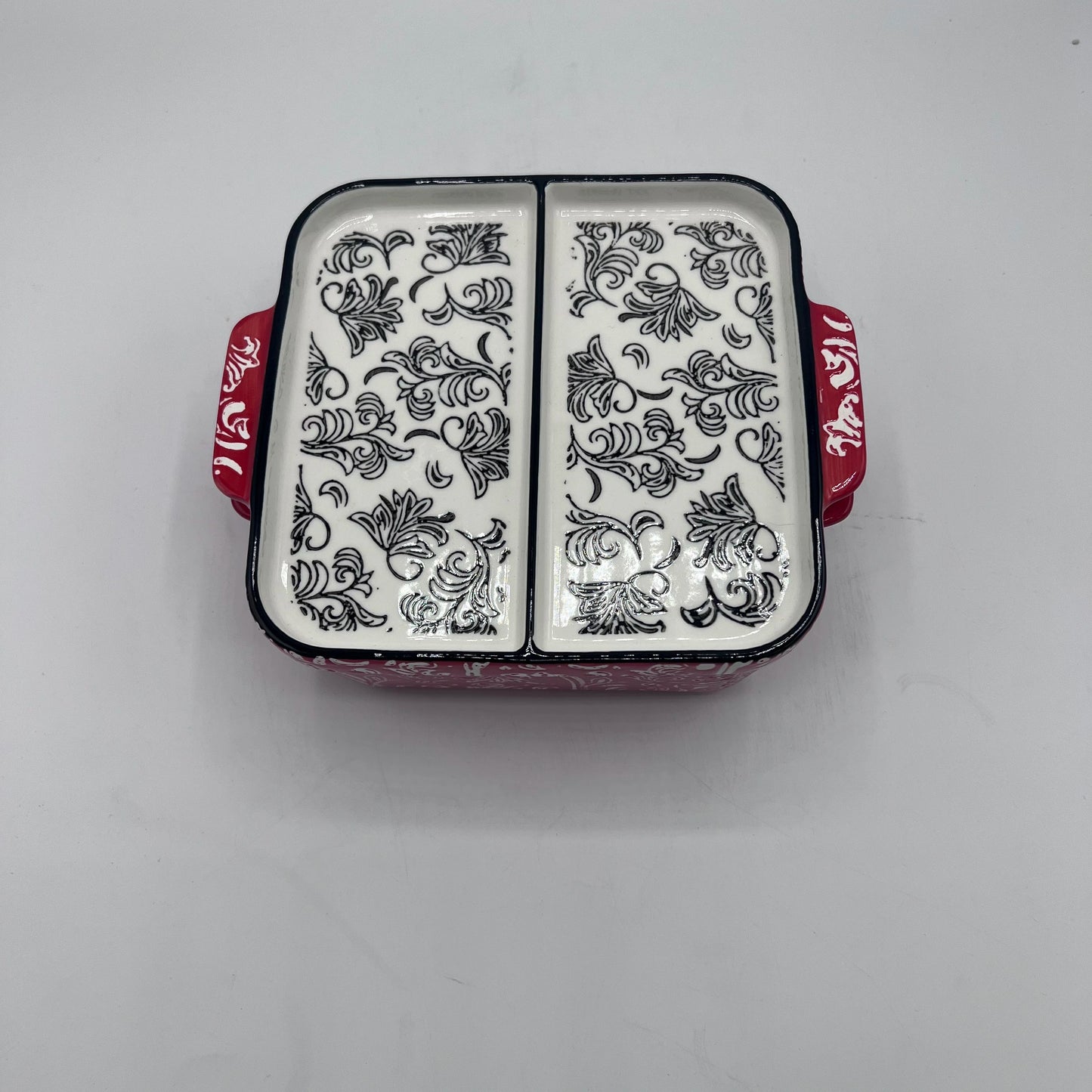 Petit Plat à Gratin Carré en Céramique Rouge et Blanc à Motifs Floraux avec Couvercle Compartimenté