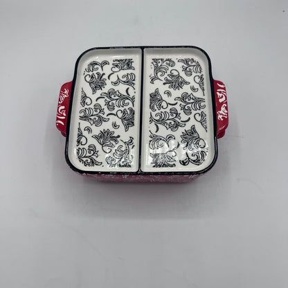 Petit Plat à Gratin Carré en Céramique Rouge et Blanc à Motifs Floraux avec Couvercle Compartimenté