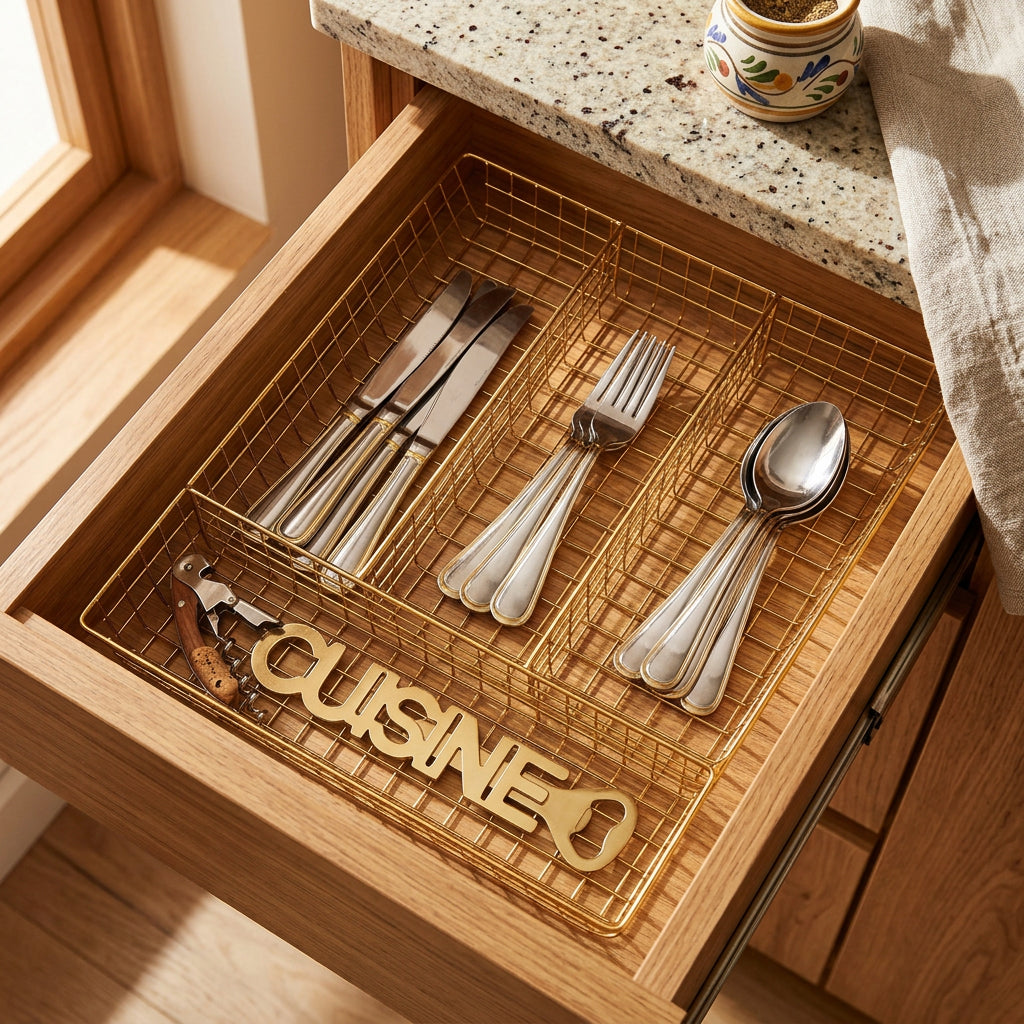 Range-Couverts en Métal Doré "Cuisine" – Organisateur de Tiroir Élégant et Tendance