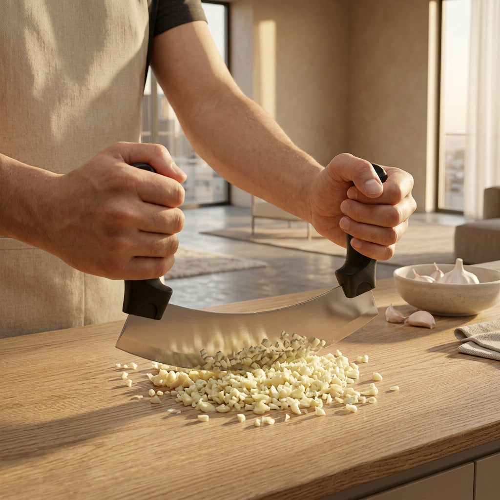 Couteau Demi-Lune "Garlic Cutter" - Hachoir Basculant Inox et Bakélite