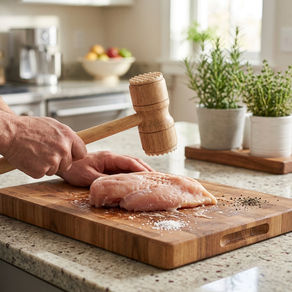 Marteau Aplatisseur de Viande en Bois et Têtes Dentelées - Ustensile de Cuisine Pro